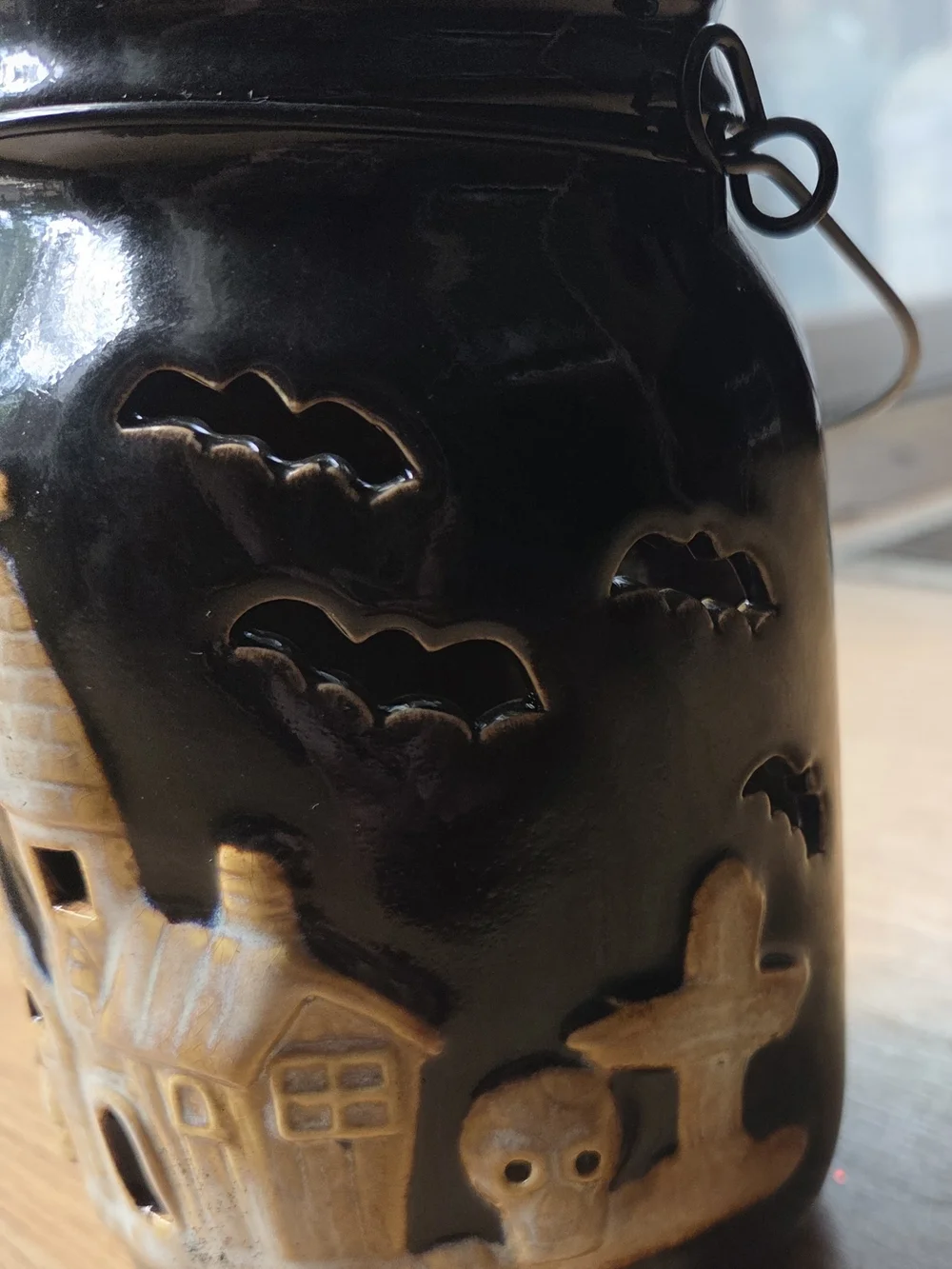 Kane Home Halloween Ceramic Jar Lantern - Black with Cream Haunted House